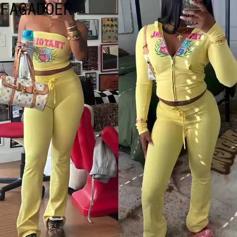 FAGADOER Fashion Letter Printing 2 Piece Sets Woman Outfit Zip Crop Hooded Top +tube + Pants Suits F