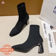 JF9 High Heel Ankle Boots Socks Boots Women Shoes Thick Heel Pointed Socks Boots Elastic Boots Mid R