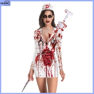 LKJYBG Women Halloween Nurse Costume Long Sleeve Crew Neck Slim Fit Bloody Nurse Costume Zombie Nurs