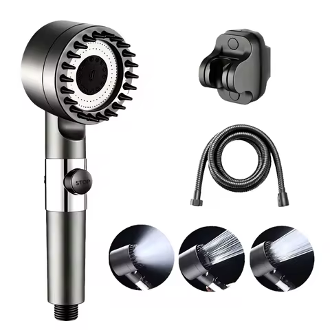High Pressure Filter Shower Head Set, 3-mode Adjustable Spray with 1.5m Hose and Bracket Bathroom Ki