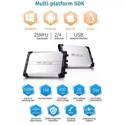 OWON VDS2000 Series PC Virtual Oscilloscope Multi-Platform SDK Support 2CH/4CH 25MHz 100MSa/s USB In