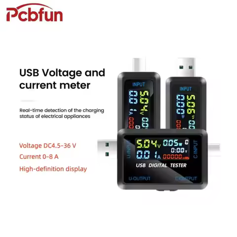 DC 4.5–36 V, 0–8 A LED Digital Voltmeter and Ammeter, Battery Capacity Tester, Featuring USB and Typ
