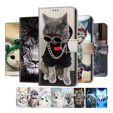 Lovely Cat Wolf Pattern Wallet Flip Cases For Huawei P10 P20 Pro P40 Lite P50 Mate 10 Lite Card Hold
