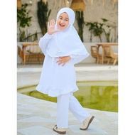 Baju One Set Setelan Celana Dan Tunik Anak Perempuan Muslim Polos Putih Bersih Set Hijab Premium