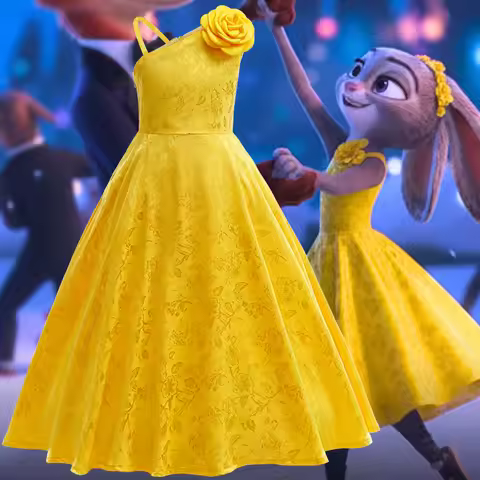 Kid Zootopia 2 Officer Bunny Judy Hopps Cosplay Costume Girls Yellow Princess Dress Halloween Party 