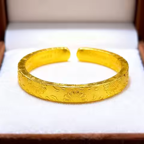 Sunflower Open Bangle Women's 24K Gold AU999 - 3D bloom shape, adjustable opening, high-purity gold 