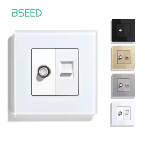 BSEED EU Standard Satellite PC Wall Socket Internet CAT5 Network Antenna Power Outlet Crystal Glass 