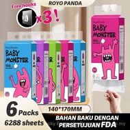 [6 PCS] ROYO PANDA Baby Monster Tisu Gantung Viral, 4-Ply Soft, Diamond Embossed, Free 3 Hooks, Royo