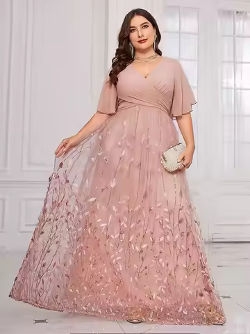 Pink V Neck Chiffon Bridesmaid Sequin Evening Dress 4XL 5XL Big Size Shiny Banquet Summer Evening Dr