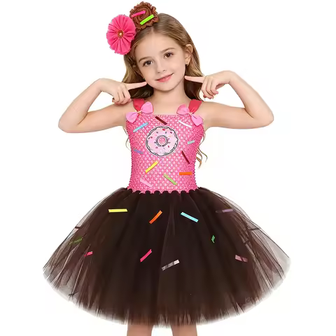 Donut Tutu Dress for Baby Girls Hot Pink Coffee Doughnut Birthday Party Costumes Children Smash Cake
