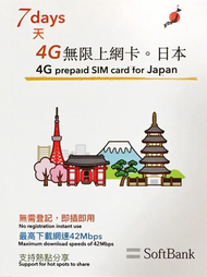 Softbank - 【日本】7天 4G無限上網卡數據卡電話卡Sim咭