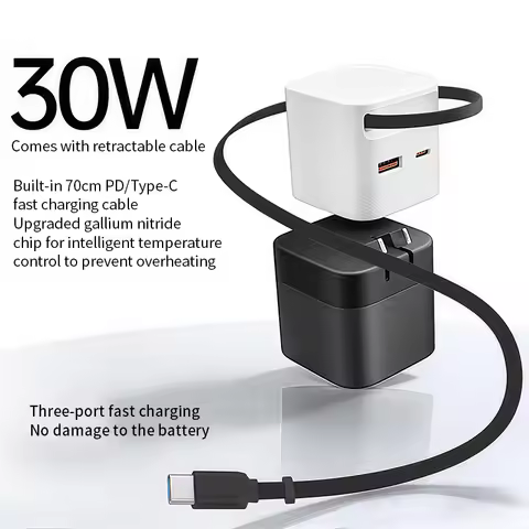 90W GaN Charger Built-in Retractable Type C Cable EU/US/UK Plug Super Fast Charger For iPhone Xiaomi