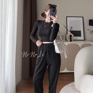 Set bộ áo croptop tay dài thun gân mix quần dài thoải mái Set bộ đồ nữ quần jogger rộng phối cùng áo