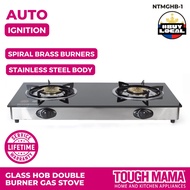 Tough Mama NTMGHB-1 Glass Hob Double Burner Gas 3mm Trivet Black Stove Auto-Ignition