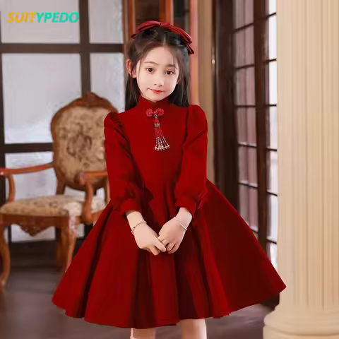 Brief Red Festival Celebration Dress For Girls Wedding Banquet Flower Kids Long Sleeves Children Hig
