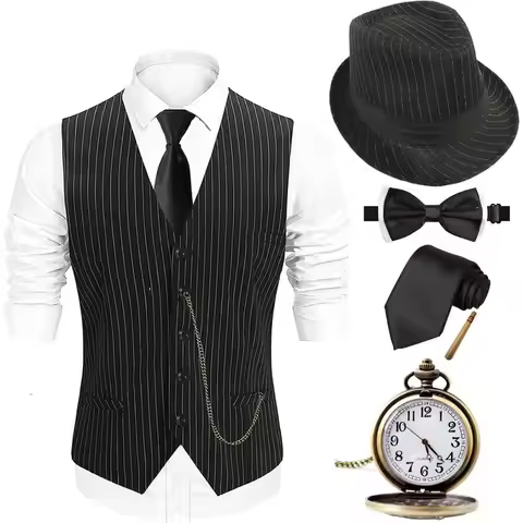 Halloween 1920s Mens Costume 2025,Gatsby Gangster Vest,Vintage Pocket Watch,Pre Tied Bow Tie Roaring