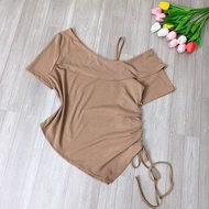 Áo thun trễ vai bigsize nữ vạt gập thân chéo có giây rút nhún eo chất vải gân tăm co giãn thoải mái