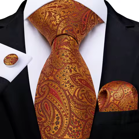Men Tie Orange Paisley Luxury Polyester Wedding Prom 8cm Necktie Set Pocket Square Cufflinks Gift fo