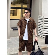 KEMEJA Premiumstore.outfit Men's Shirt & Shorts Set with Brown FF Pattern – Casual Streetwear Outfit