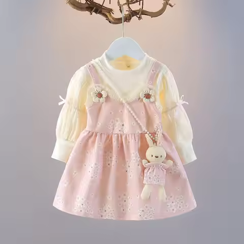 Spring Autumn New Dress Floral Fake Two Pieces 1-6 Years Girls Sweet Cute Girl Clothing Gift Bunny C