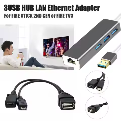1080P 3 USB HUB LAN Ethernet Adapter + OTG USB Cable for Fire Stick 2ND GEN or Fire TV3 TV Stick Dro