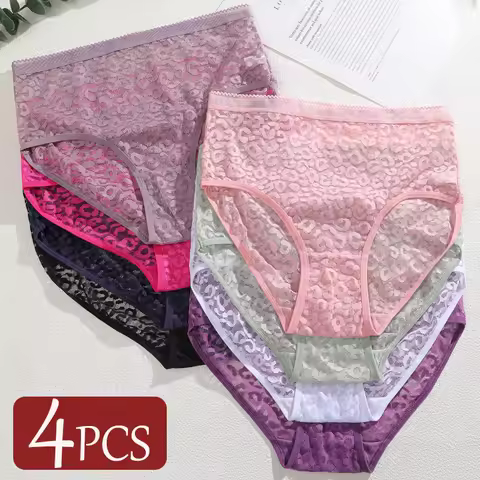 4Pcs/Set Women's Seamless High Waist Perspective Panties Ladies Hollow Transparent Lingerie Solid Co