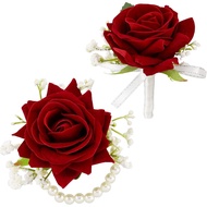 SITUMEIZI 2Pcs Red Rose Corsage and Boutonniere Set Corsage Wristlet Band Bracelet for Prom Decor an