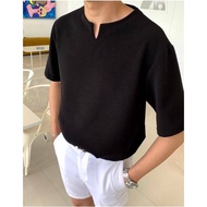 [number 8] (0511) V-Neck Roman Cotton Henry Collar Short Tee Korean Elastic Slit