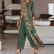 Hot 2024 European and American Cross-Border Womens Dress Emerald Green Long High Slit Round Neck Lon