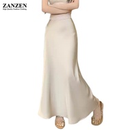 ZANZEN Fashion Korean Style  High-waisted Fishtail Long Skirt Women New Retro Satin Bread Hip Long S