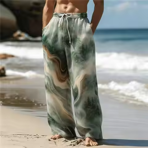 Men's Misty Forest Marble Print Drawstring Pants, Casual Loose Wide-Leg Trousers for Spring & Summer