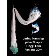 Ready-to-use 3-layer fishing net 20m long 1.5m high 21 inner net 2in string 0.20mm outer net 5in str
