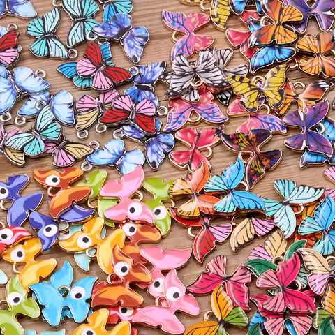 10PCS 6 Styles Mix Color Alloy Metal Drop Oil Colorful Butterfly Charms Animal Pendant For DIY Brace