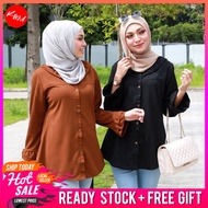 KM Women Aisha Size 40-46 Ready Stock Malaysia Ruffle Sleeve Button Blouse Muslimah Baju Wanita [B24
