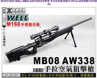&lt;FOOL&gt;現貨 WELL MB08 AW 338 AW338 M160 強化 手拉狙 狙擊槍 黑色 折托 附擊鏡 腳架