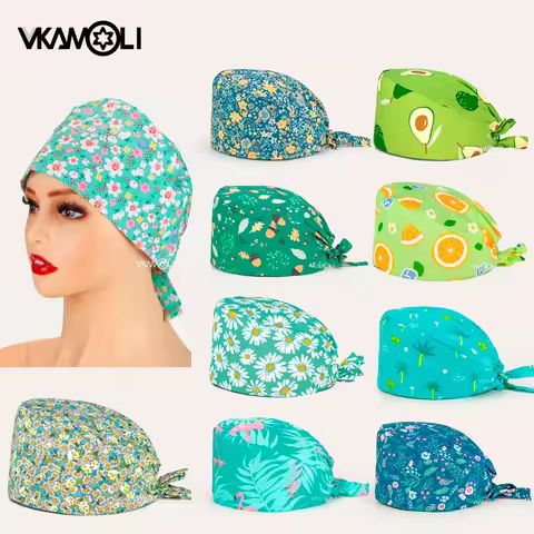 Green Printing Series Unisex Cotton Pet Veterinary Beauty Salon Hat scrub caps for men and women Ope