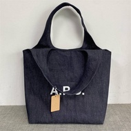 APC logo print navy black denim tote hand bag shoulder bag
