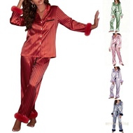 Ivy Women's Feather Satin Long Sleeve Pajamas Set - Cute Stripe Design for Cozy Lounge Wear