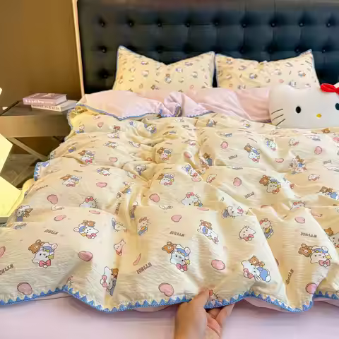 4pcs/set Hello Kitty Bedding Anime Hello Kitty Bed Sheet and Duvet Cover Soft and Comfortable Studen