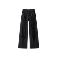 1JINN STUDIO | กางเกงยีนส์ลูกไม้แบบดิสทรัสส์ ทรงสลิมฟิต