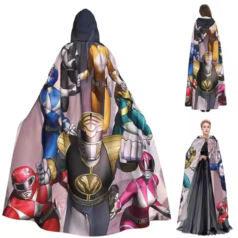 Mighty Morphin Power Ranger Long Hooded Cloak Witch Medieval Costume Cosplay Cape HalloweenCoat Adul