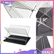 MEE Foldable Dish Drying Rack With Drip Tray, Stainless Steel 2 Tier Dish Drainer Rack, Collapsible Dish Drainer,