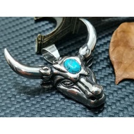 Biker Punk High Polished Stainless Steel Bull Head Inlay Turquoise Stone Pendant.