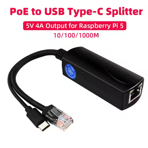 5V 4A Raspberry Pi 5 PoE Splitter 10/100/1000MB Network Gigabit IEEE 802.3 af/at Type-C to PoE for P