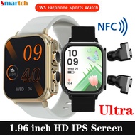 2023 New 2 In 1 Wireless Blue Tooth ENC Noise Cancelling TWS Earphones Smart Watch 1.96\" Sports Heart Rate NFC Ultra Smartwatch