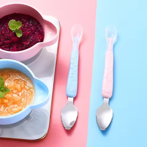Baby Fruit Double-Head Mud Scraper 304 Stainless Steel Silicone Soft Spoon Spoon Edible Grade Baby w