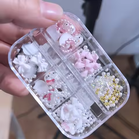 6Grids/box 3D Carton Pearl Kitty Cat Nail Art Charms Appro.20PCS Hello Kitty+100Pcs Pearl Bead Nail