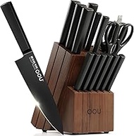 OOU Kitchen Knife Block Set - 15 Pieces High Carbon Stainless Steel Chef Knife Sets, Anti-Rust Black