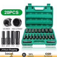 20pcs 1/2 Inch Long Impact Socket Set Deep Socket Spanar Box Set 8mm - 32mm Impact Wrench Socket Set