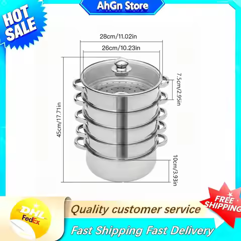 5-Tier Stainless Steel Steamer Cookware Cooking Pot Tier 4 Steaming Grids 1 Cooking Pot 28cm/30cm/26